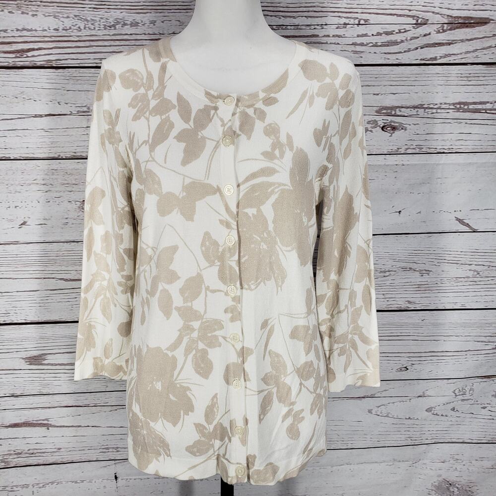 Roz & Ali New Beige Floral Knit Button Front Sweater Cardigan Size Small